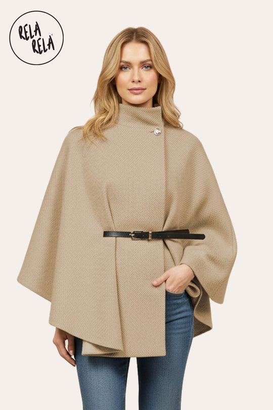 Belted High Neck Poncho Cape Jacket with Button Detail in Camel