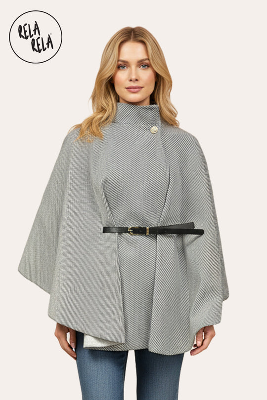 Belted High Neck Poncho Cape Jacket with Button Detail in Charcoal