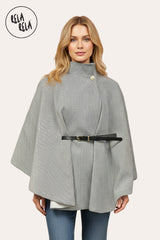 Front view of charcoal belted poncho cape jacket with high neck and button closure.