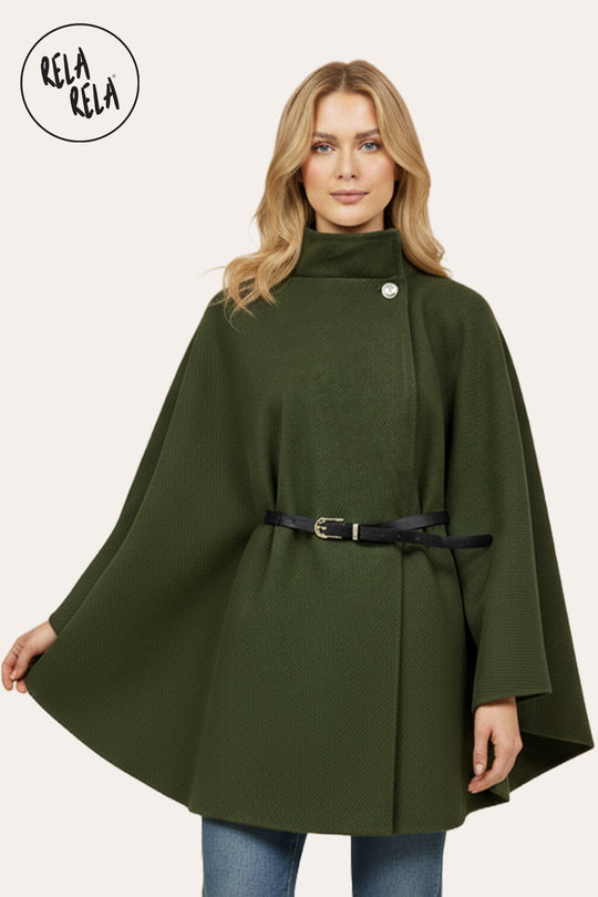 Belted High Neck Poncho Cape Jacket with Button Detail in Khaki