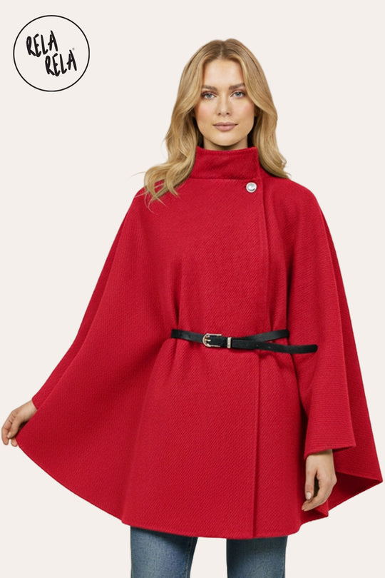 Belted High Neck Poncho Cape Jacket with Button Detail in Red