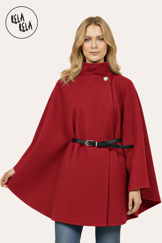 Belted High Neck Poncho Cape Jacket with Button Detail in Burgundy