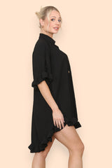 Pleated Button Up Frill Detail Swing Dress in Black