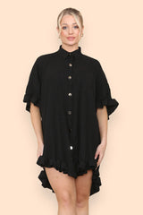 Pleated Button Up Frill Detail Swing Dress in Black