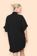 Pleated Button Up Frill Detail Swing Dress in Black