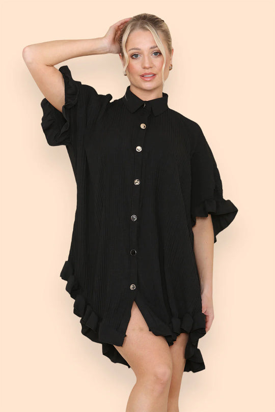 Pleated Button Up Frill Detail Swing Dress in Black
