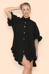 Pleated Button Up Frill Detail Swing Dress in Black