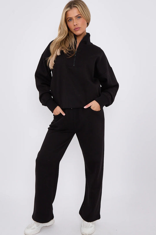 Premium Fleece Lined Half Zip Top & Jogger Co-Ord Tracksuit Set in Black