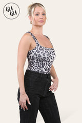 Premium Slinky Double Layered Square Neck Brazilian Bodysuit in Grey Leopard side