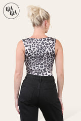 Premium Slinky Double Layered Square Neck Brazilian Bodysuit in Grey Leopard back