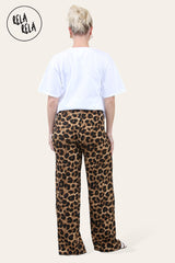 Back view of brown leopard print wide leg trousers