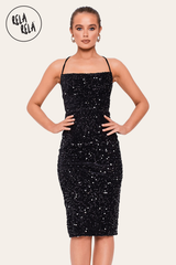 Party Sequin Square Neckline Lace Back Midi Dress in Black