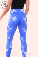 Marble Tie Dye High Waisted Scrunch Bum Leggings in Royal Blue back 2