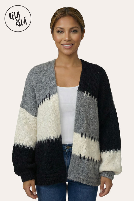 Colour Contrast Oversized Balloon Sleeve Cardigan in Black