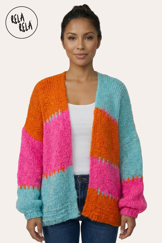 Colour Contrast Oversized Balloon Sleeve Cardigan in Orange