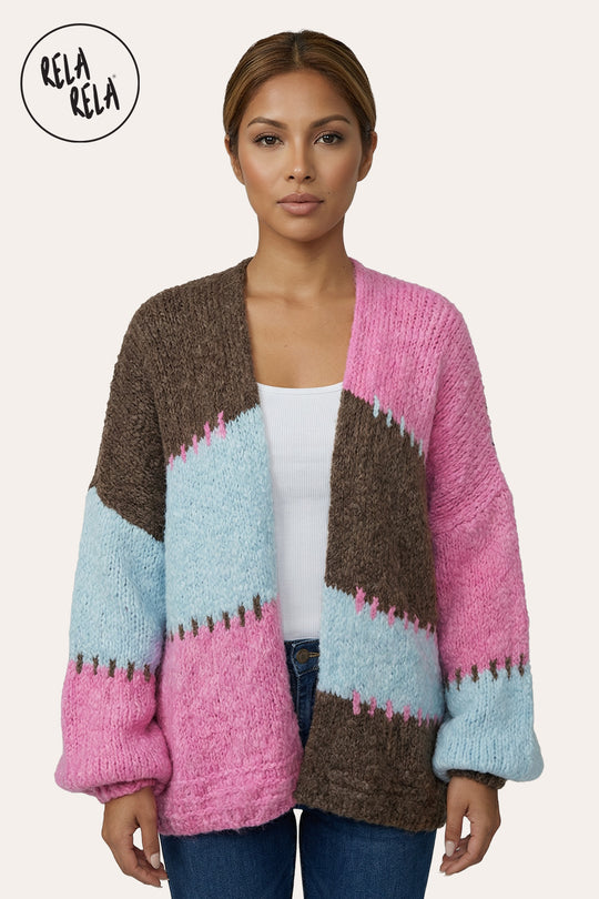 Colour Contrast Oversized Balloon Sleeve Cardigan in Pink