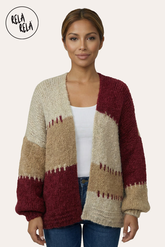 Colour Contrast Oversized Balloon Sleeve Cardigan in Burgundy