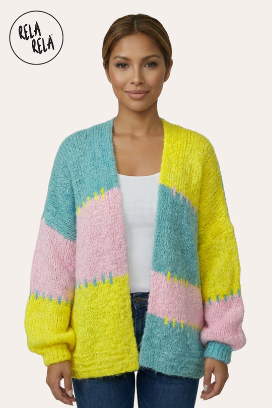 Colour Contrast Oversized Balloon Sleeve Cardigan in Yellow
