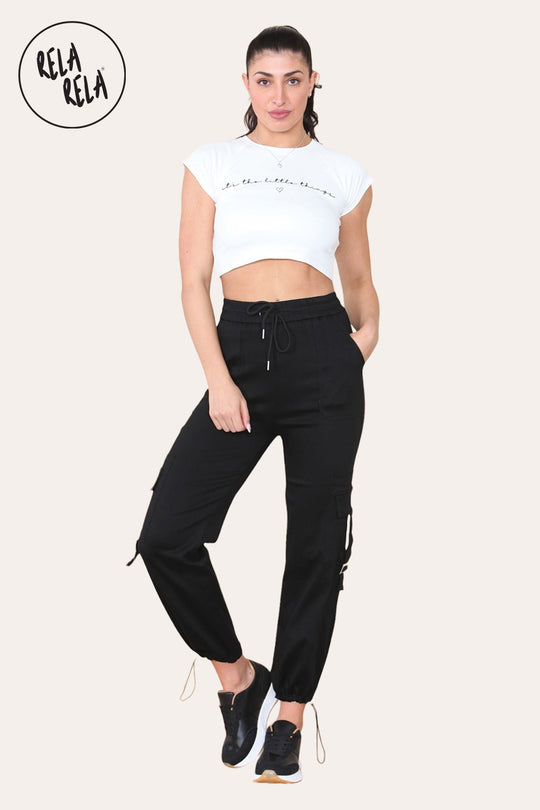 High Waisted Stretch Cuffed Cargo Pants with Pockets in Black