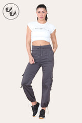 Front view of charcoal stretch cuffed cargo pants with elastic waist
