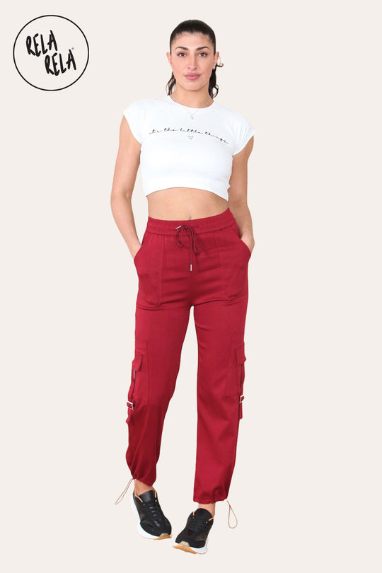 High Waisted Stretch Cuffed Cargo Pants with Pockets in Wine
