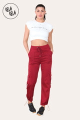 Chic Elasticated Cargo Trousers with Pockets in Wine