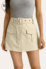 High Waist Stretchy Flap Pocket Belted Cargo Skirt Skorts in Beige