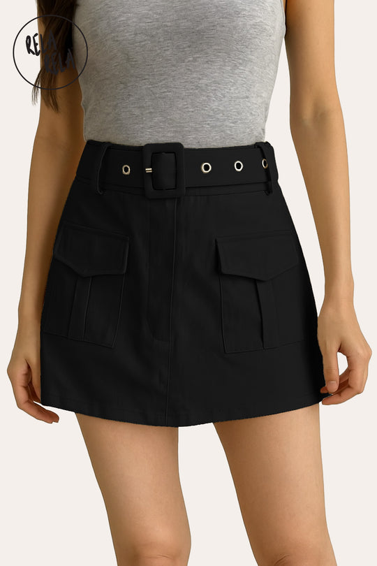 High Waist Stretchy Flap Pocket Belted Cargo Skirt Skorts in Black