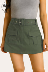 High Waist Stretchy Flap Pocket Belted Cargo Skirt Skorts in Khaki