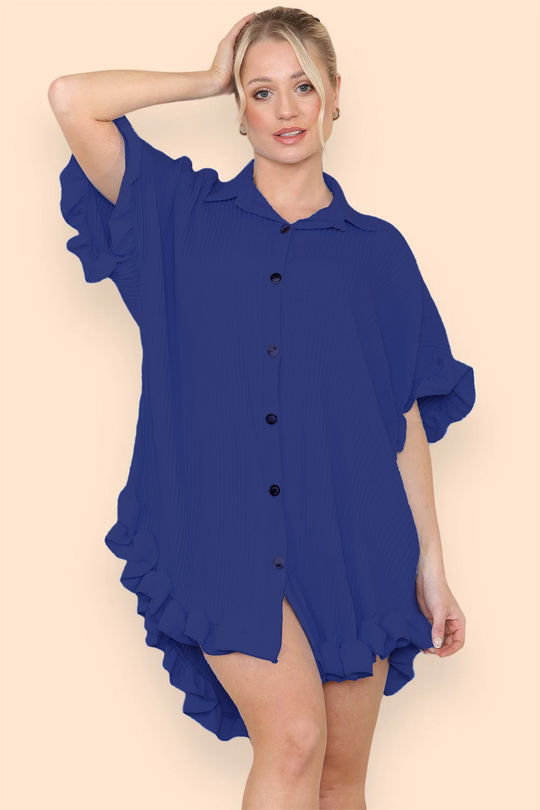Pleated Button Up Frill Detail Swing Dress in Navy