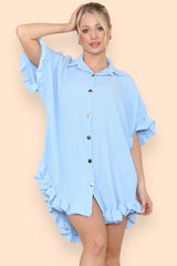 Pleated Button Up Frill Detail Swing Dress in Baby Blue
