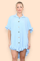 Pleated Button Up Frill Detail Swing Dress in Baby Blue