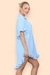 Pleated Button Up Frill Detail Swing Dress in Baby Blue