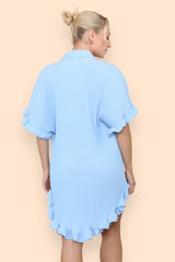 Pleated Button Up Frill Detail Swing Dress in Baby Blue
