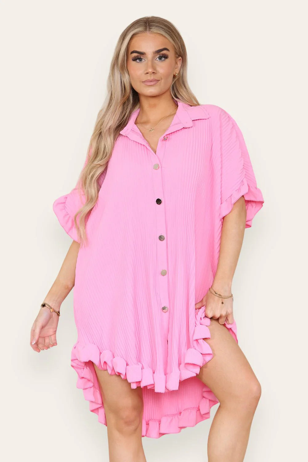 Pleated Button Up Frill Detail Swing Dress in Baby Pink RELA RELA