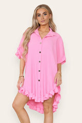 Pleated Button Up Frill Detail Swing Dress in Baby Pink