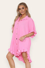 Pleated Button Up Frill Detail Swing Dress in Baby Pink