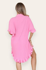 Pleated Button Up Frill Detail Swing Dress in Baby Pink