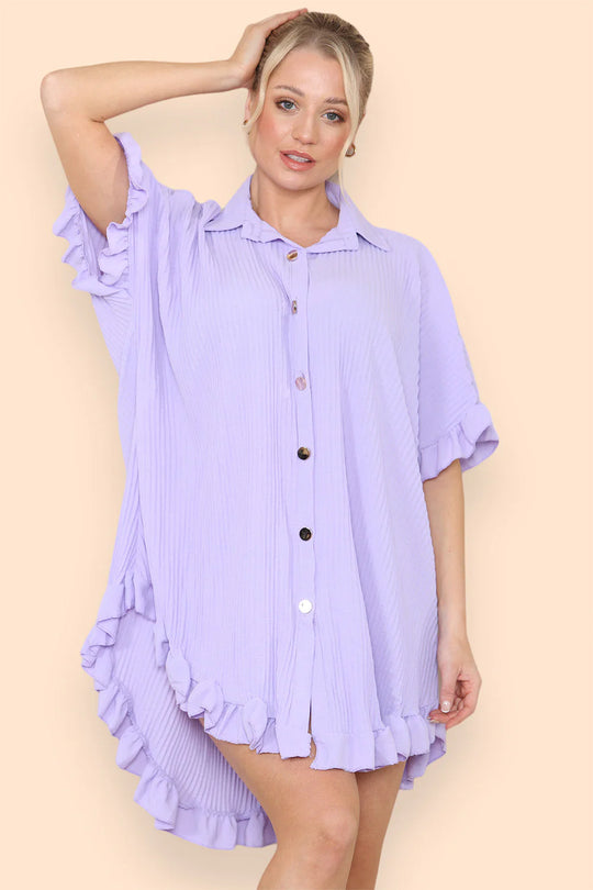 Pleated Button Up Frill Detail Swing Dress in Lilac