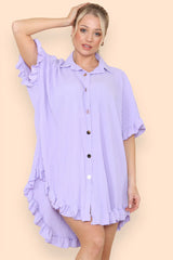 Pleated Button Up Frill Detail Swing Dress in Lilac