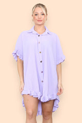 Pleated Button Up Frill Detail Swing Dress in Lilac