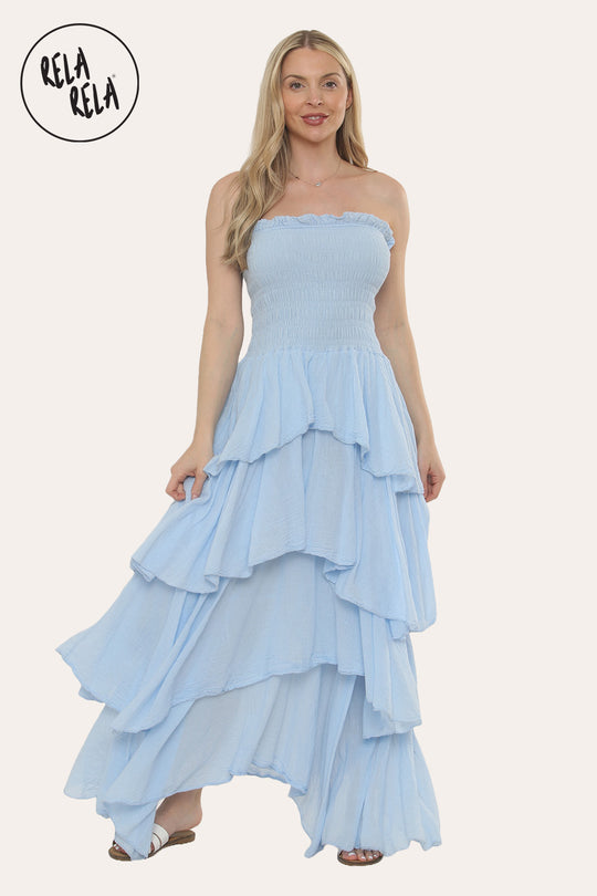 Tiered Bandeau Summer Maxi Dress in Baby Blue