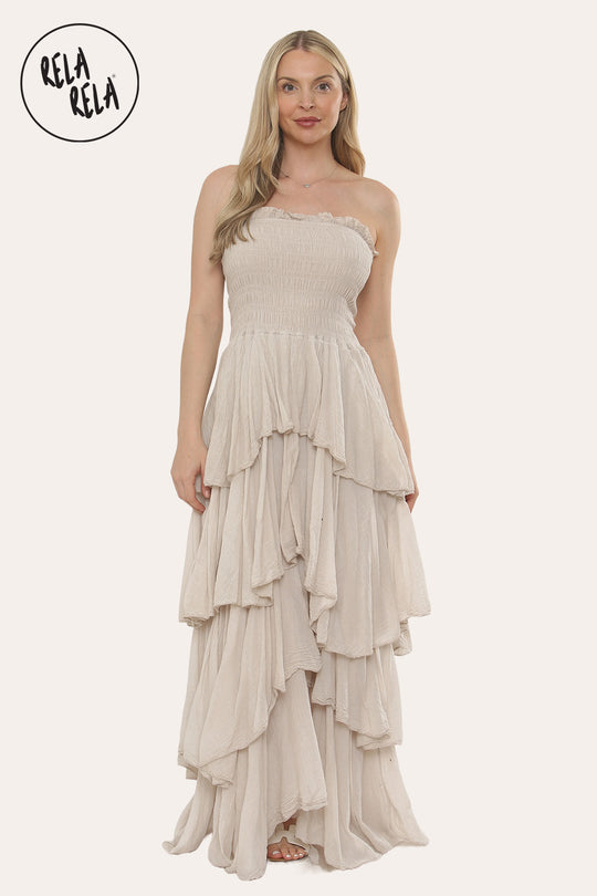 Tiered Bandeau Summer Maxi Dress in Beige