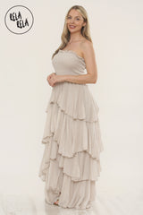 Tiered Bandeau Summer Maxi Dress in Beige
