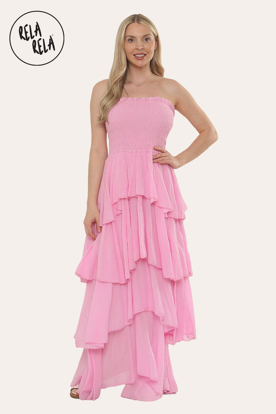 Tiered Bandeau Summer Maxi Dress in Baby Pink