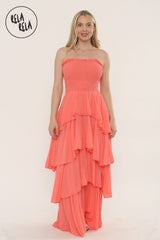 Tiered Bandeau Summer Maxi Dress in Coral