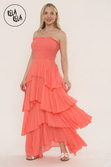 Tiered Bandeau Summer Maxi Dress in Coral