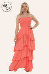 Tiered Bandeau Summer Maxi Dress in Coral