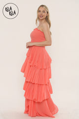 Tiered Bandeau Summer Maxi Dress in Coral