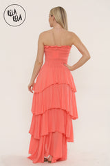 Tiered Bandeau Summer Maxi Dress in Coral